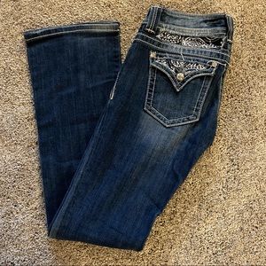 Miss Me Dark Blue Boot Cut Jeans with Embroidered Pockets
